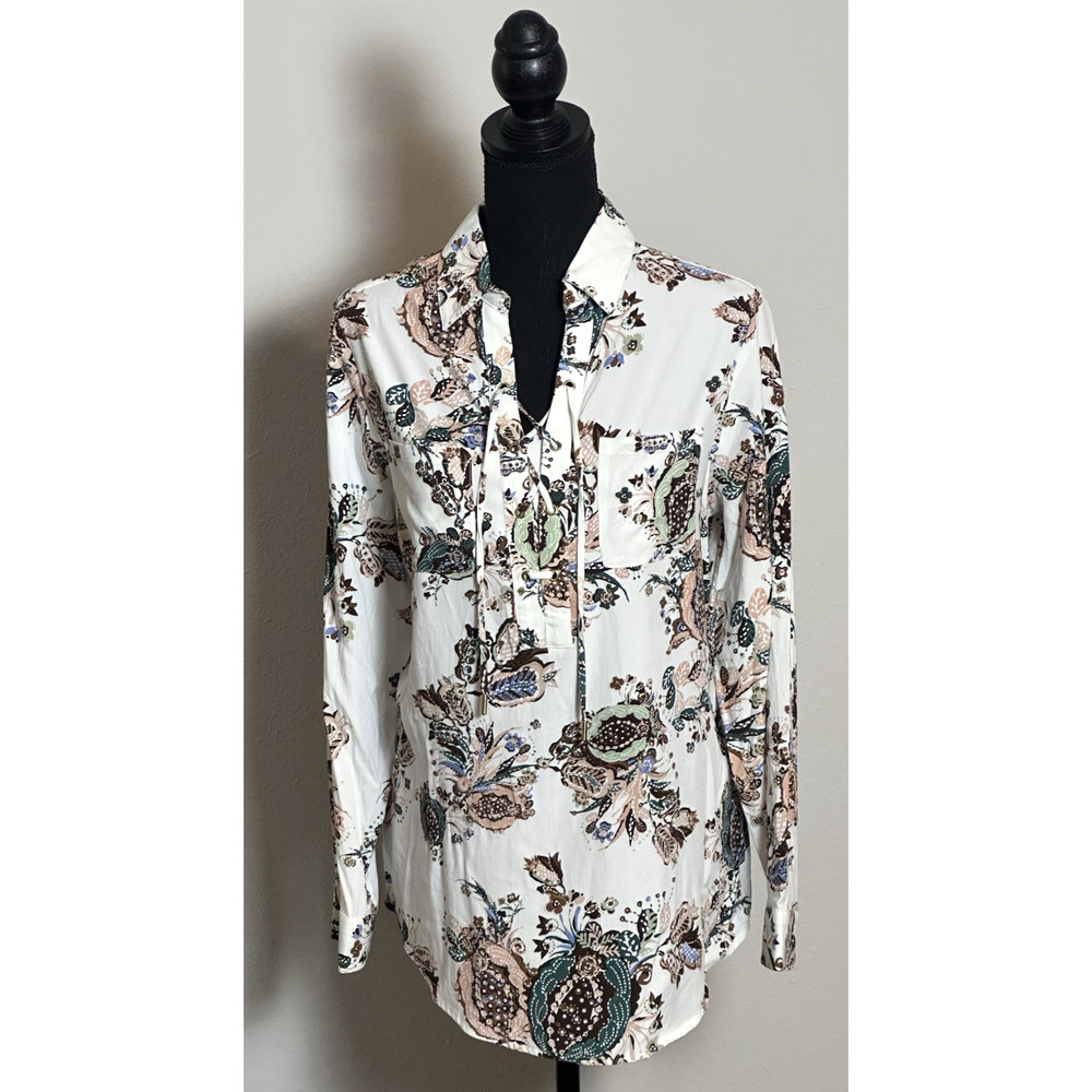 Chico Women's Long Sleeve Blouse Size (0) Paisley Collard Blouse - Picture 3 of 16